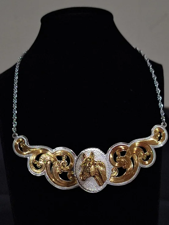 Montana Silversmiths Horse Head Necklace Two Tone Western Scroll Collar - Picture 1 of 12